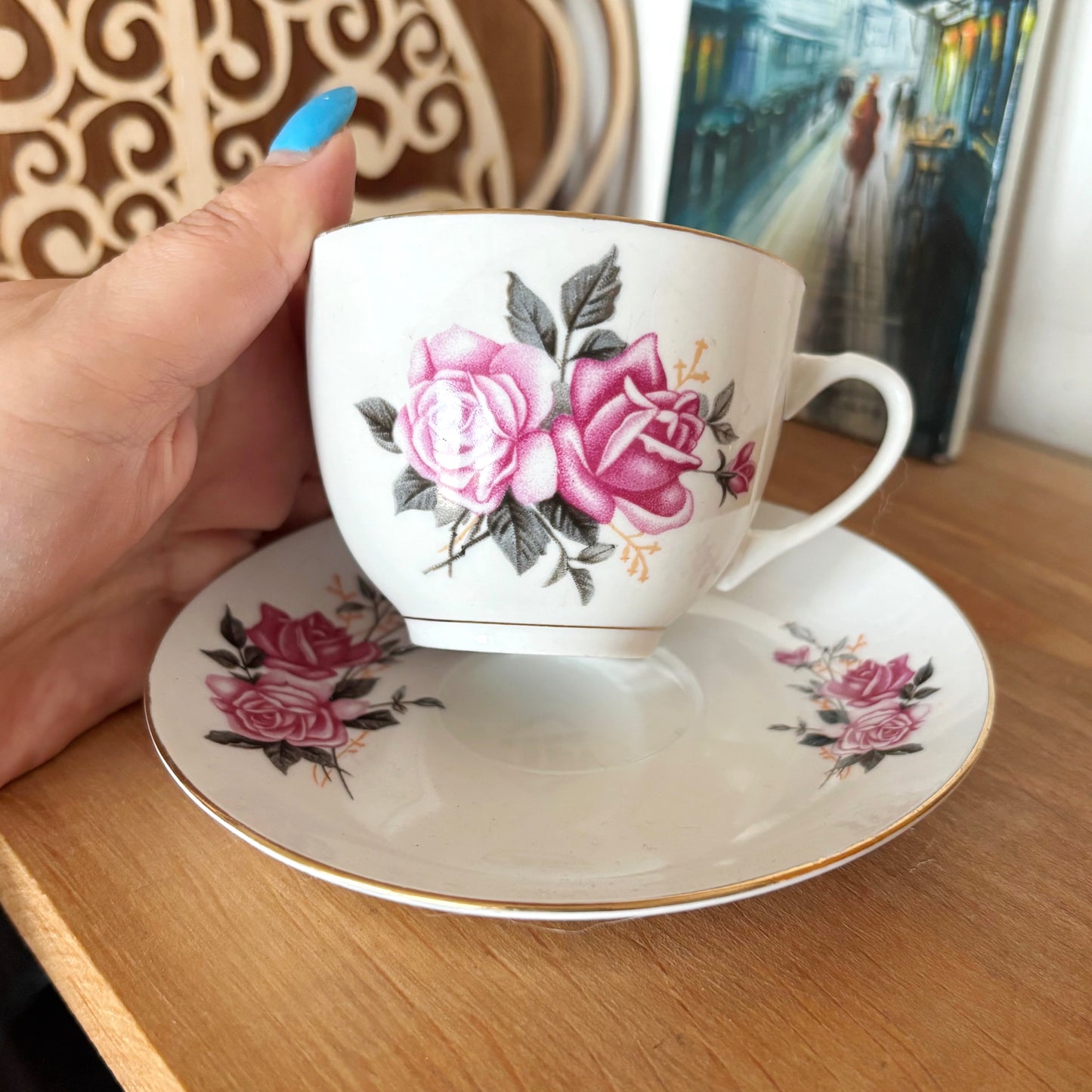 Vintage Tientsin China Tea Cup and Saucer, Pink Rose Porcelain Teacup, Tianjin China, Gold Trim Tea Set, Floral China