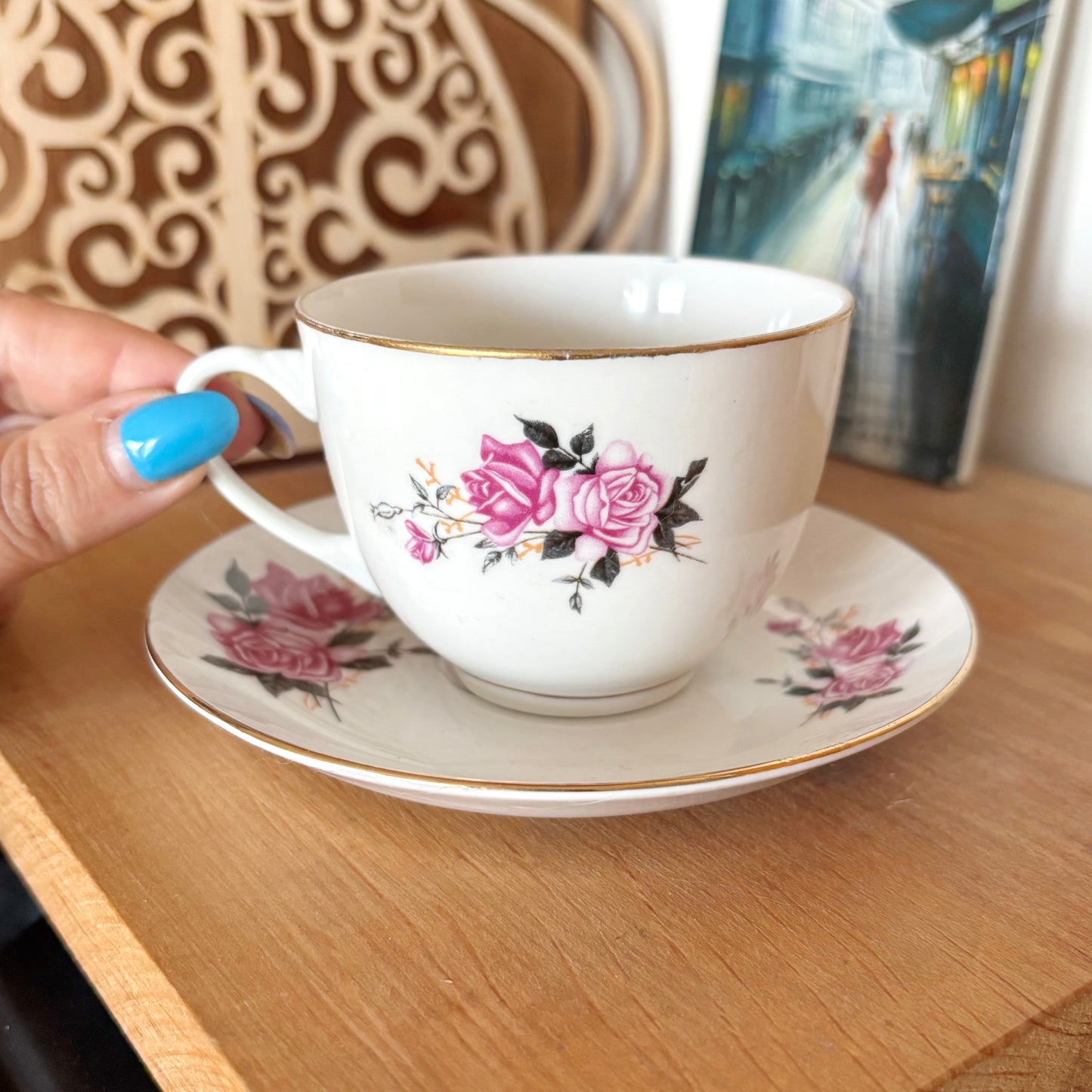 Vintage Tientsin China Tea Cup and Saucer, Pink Rose Porcelain Teacup, Tianjin China, Gold Trim Tea Set, Floral China