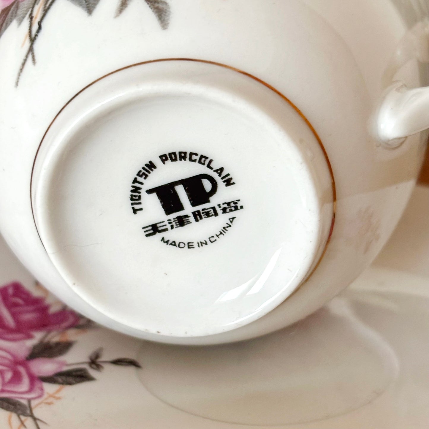 Vintage Tientsin China Tea Cup and Saucer, Pink Rose Porcelain Teacup, Tianjin China, Gold Trim Tea Set, Floral China