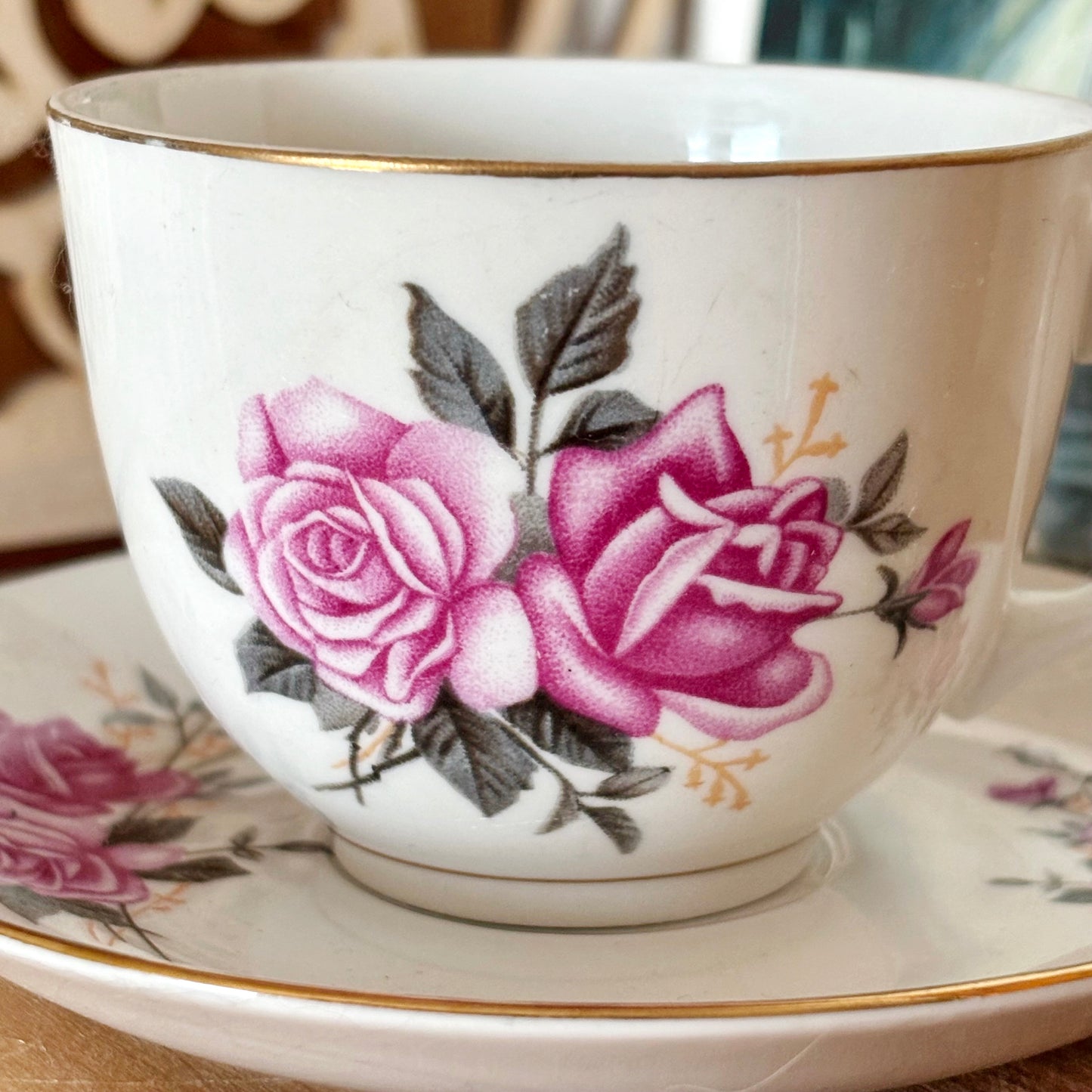 Vintage Tientsin China Tea Cup and Saucer, Pink Rose Porcelain Teacup, Tianjin China, Gold Trim Tea Set, Floral China