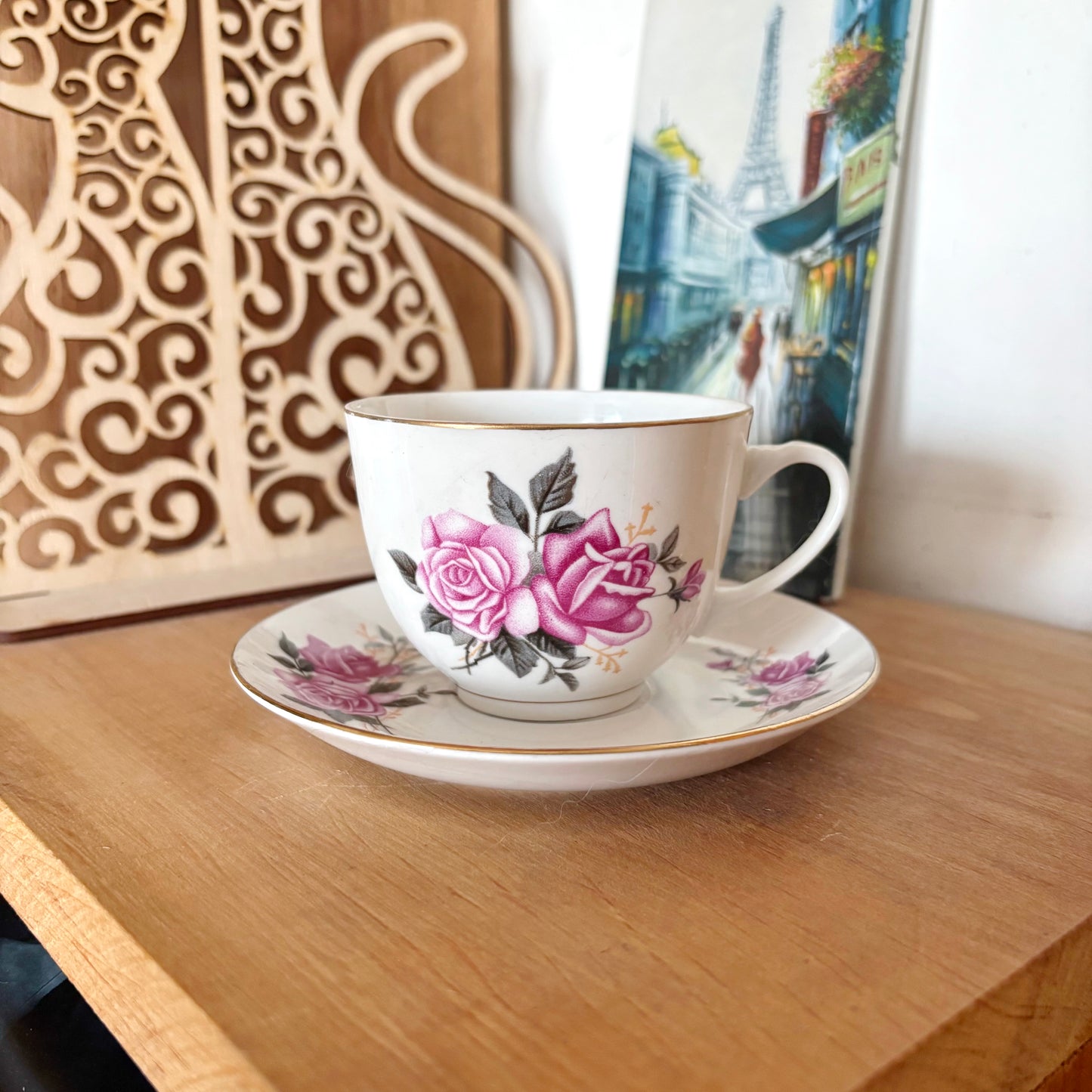 Vintage Tientsin China Tea Cup and Saucer, Pink Rose Porcelain Teacup, Tianjin China, Gold Trim Tea Set, Floral China