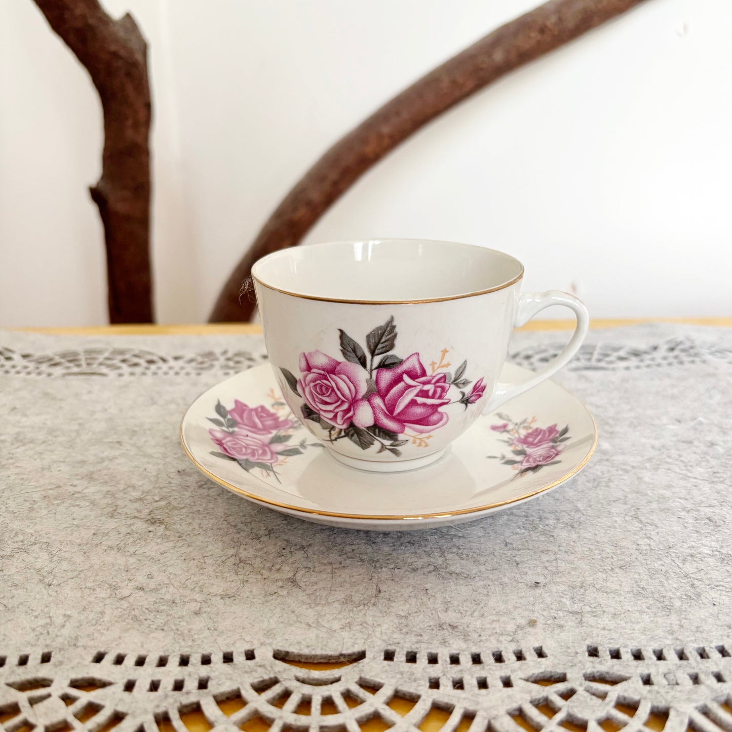 Vintage Tientsin China Tea Cup and Saucer, Pink Rose Porcelain Teacup, Tianjin China, Gold Trim Tea Set, Floral China