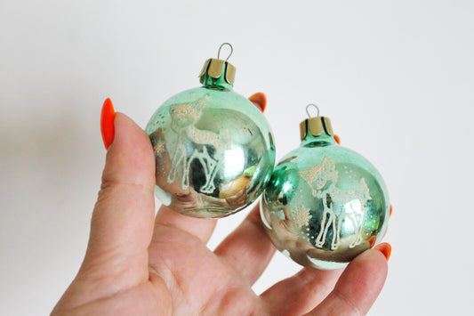 Christmas tree balls green ornament 2 inches - Set of two - Soviet vintage - Christmas - New Year Glass Ornament, Made in USSR - 1970s