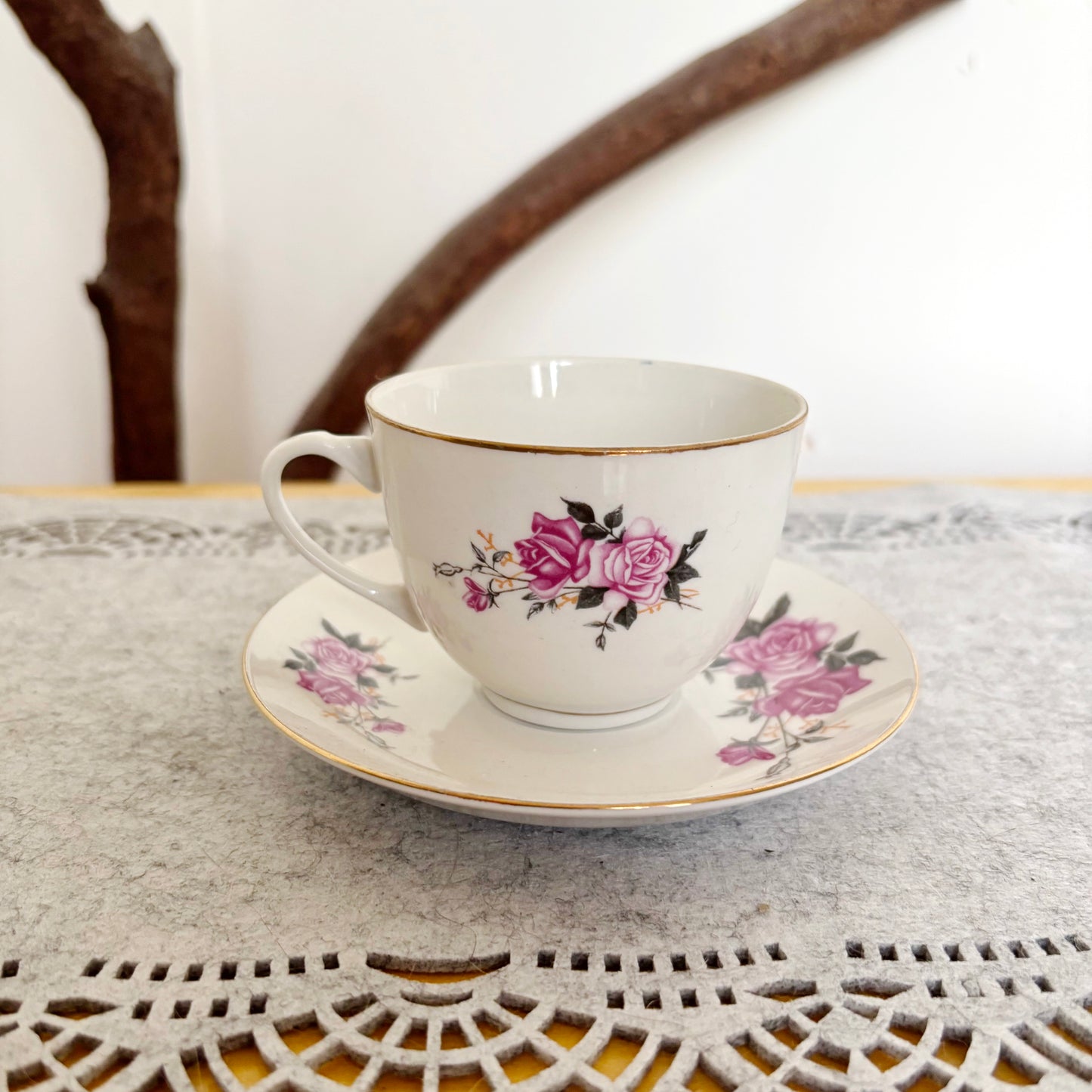 Vintage Tientsin China Tea Cup and Saucer, Pink Rose Porcelain Teacup, Tianjin China, Gold Trim Tea Set, Floral China