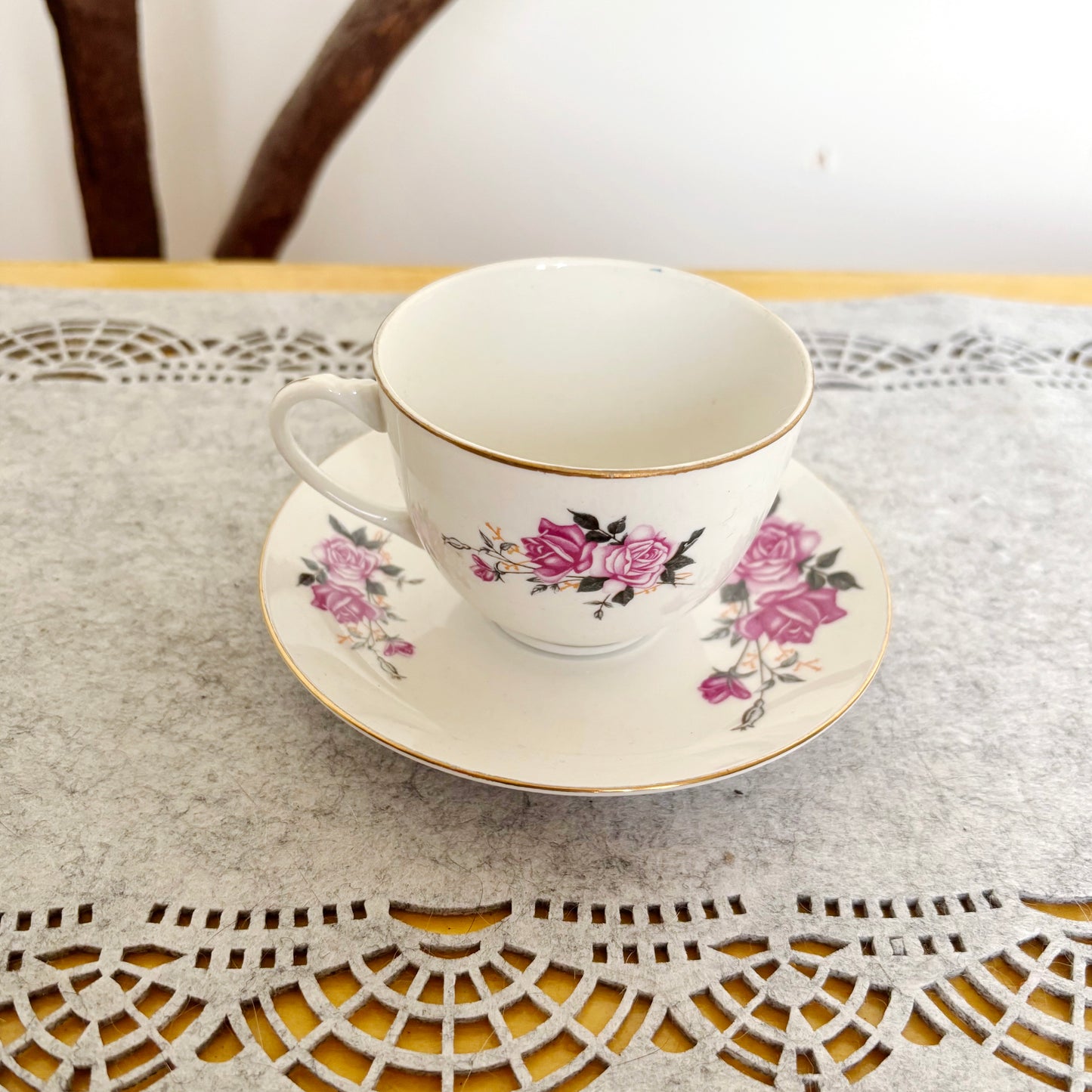 Vintage Tientsin China Tea Cup and Saucer, Pink Rose Porcelain Teacup, Tianjin China, Gold Trim Tea Set, Floral China