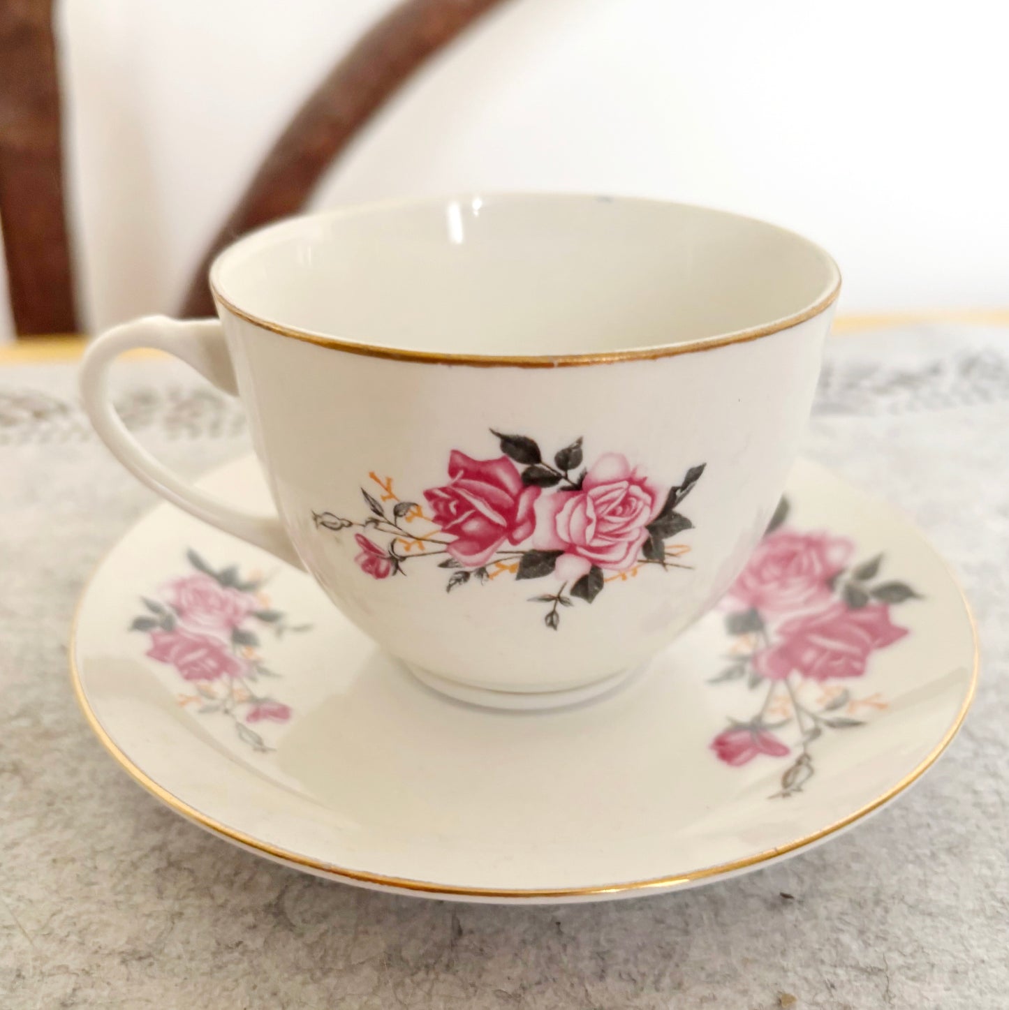 Vintage Tientsin China Tea Cup and Saucer, Pink Rose Porcelain Teacup, Tianjin China, Gold Trim Tea Set, Floral China