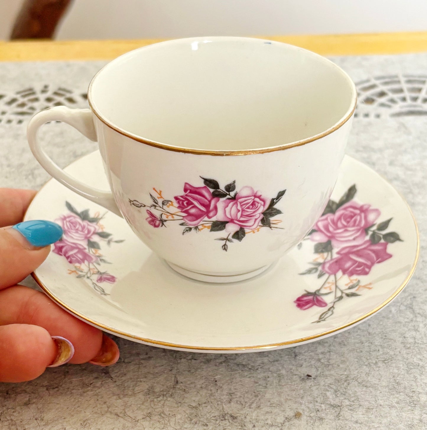 Vintage Tientsin China Tea Cup and Saucer, Pink Rose Porcelain Teacup, Tianjin China, Gold Trim Tea Set, Floral China