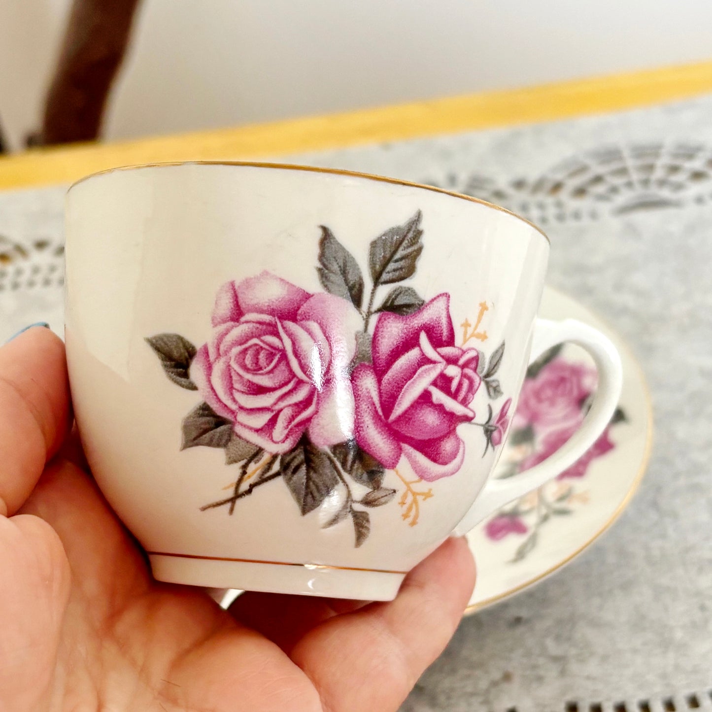 Vintage Tientsin China Tea Cup and Saucer, Pink Rose Porcelain Teacup, Tianjin China, Gold Trim Tea Set, Floral China