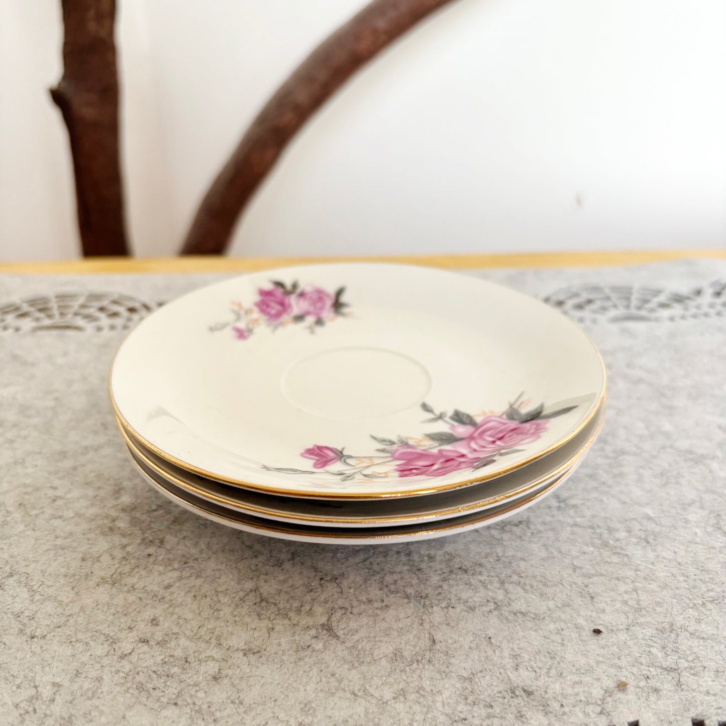 Set of 3 Vintage Tientsin China Saucers Pink Rose Porcelain Tea Saucers Gold Trim Tianjin China Floral Tableware