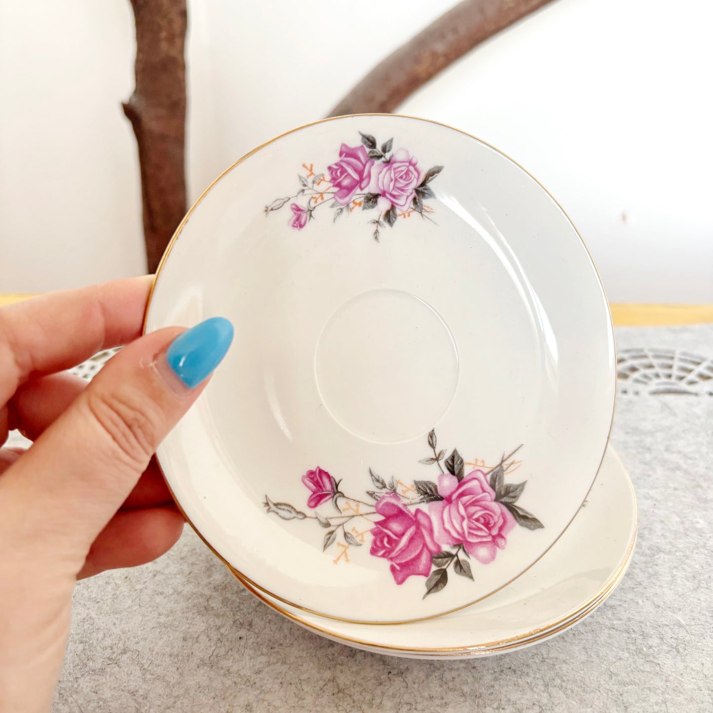 Set of 3 Vintage Tientsin China Saucers Pink Rose Porcelain Tea Saucers Gold Trim Tianjin China Floral Tableware