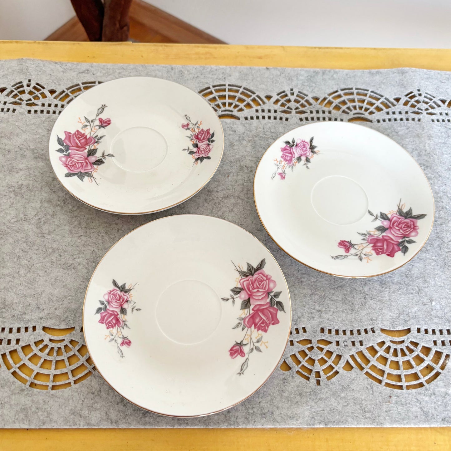 Set of 3 Vintage Tientsin China Saucers Pink Rose Porcelain Tea Saucers Gold Trim Tianjin China Floral Tableware