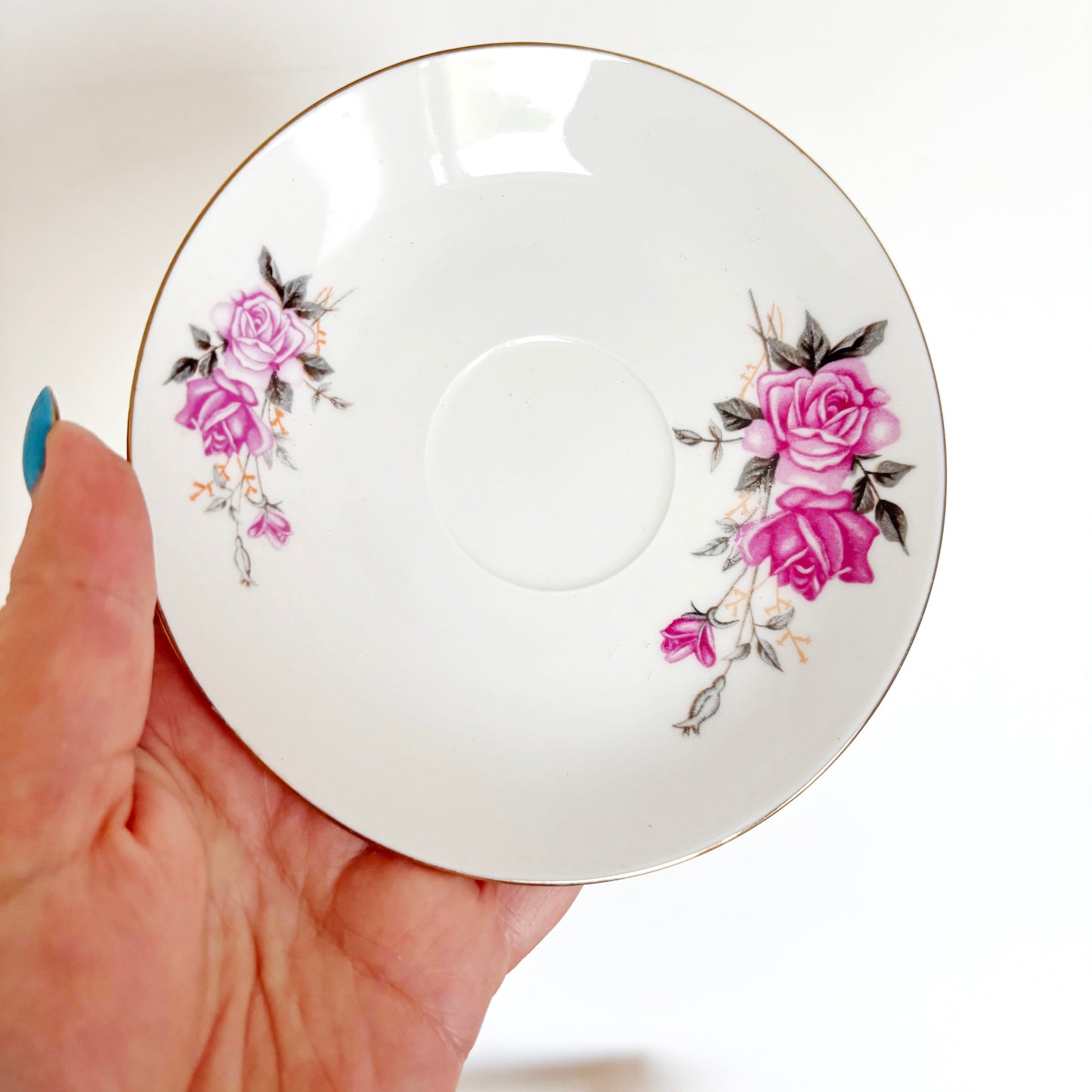 Set of 3 Vintage Tientsin China Saucers Pink Rose Porcelain Tea Saucers Gold Trim Tianjin China Floral Tableware