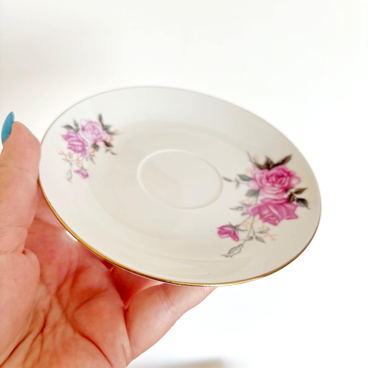 Set of 3 Vintage Tientsin China Saucers Pink Rose Porcelain Tea Saucers Gold Trim Tianjin China Floral Tableware