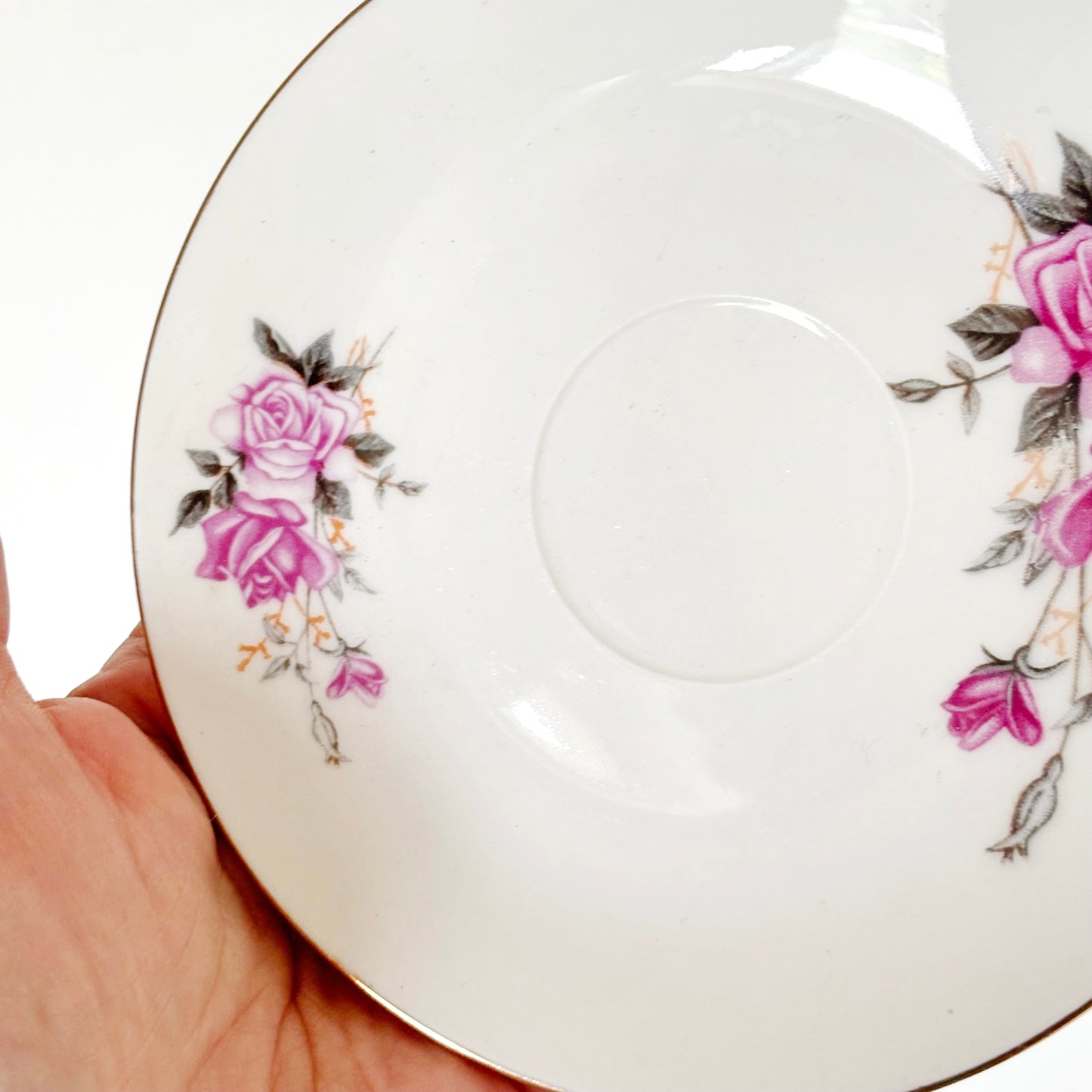 Set of 3 Vintage Tientsin China Saucers Pink Rose Porcelain Tea Saucers Gold Trim Tianjin China Floral Tableware