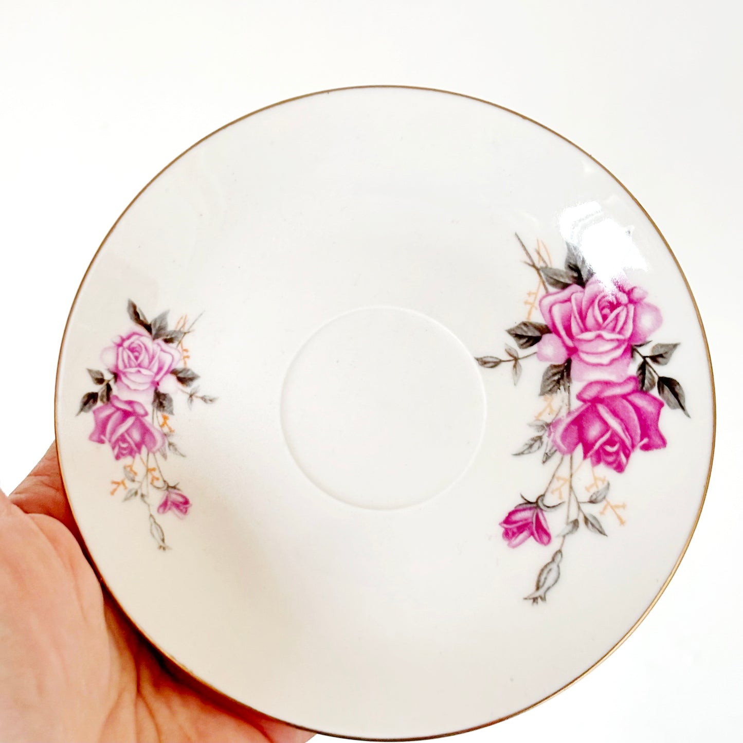 Set of 3 Vintage Tientsin China Saucers Pink Rose Porcelain Tea Saucers Gold Trim Tianjin China Floral Tableware