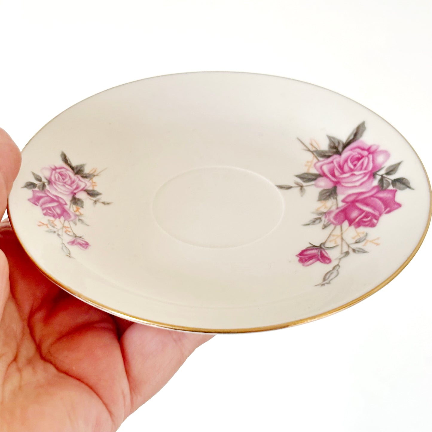 Set of 3 Vintage Tientsin China Saucers Pink Rose Porcelain Tea Saucers Gold Trim Tianjin China Floral Tableware