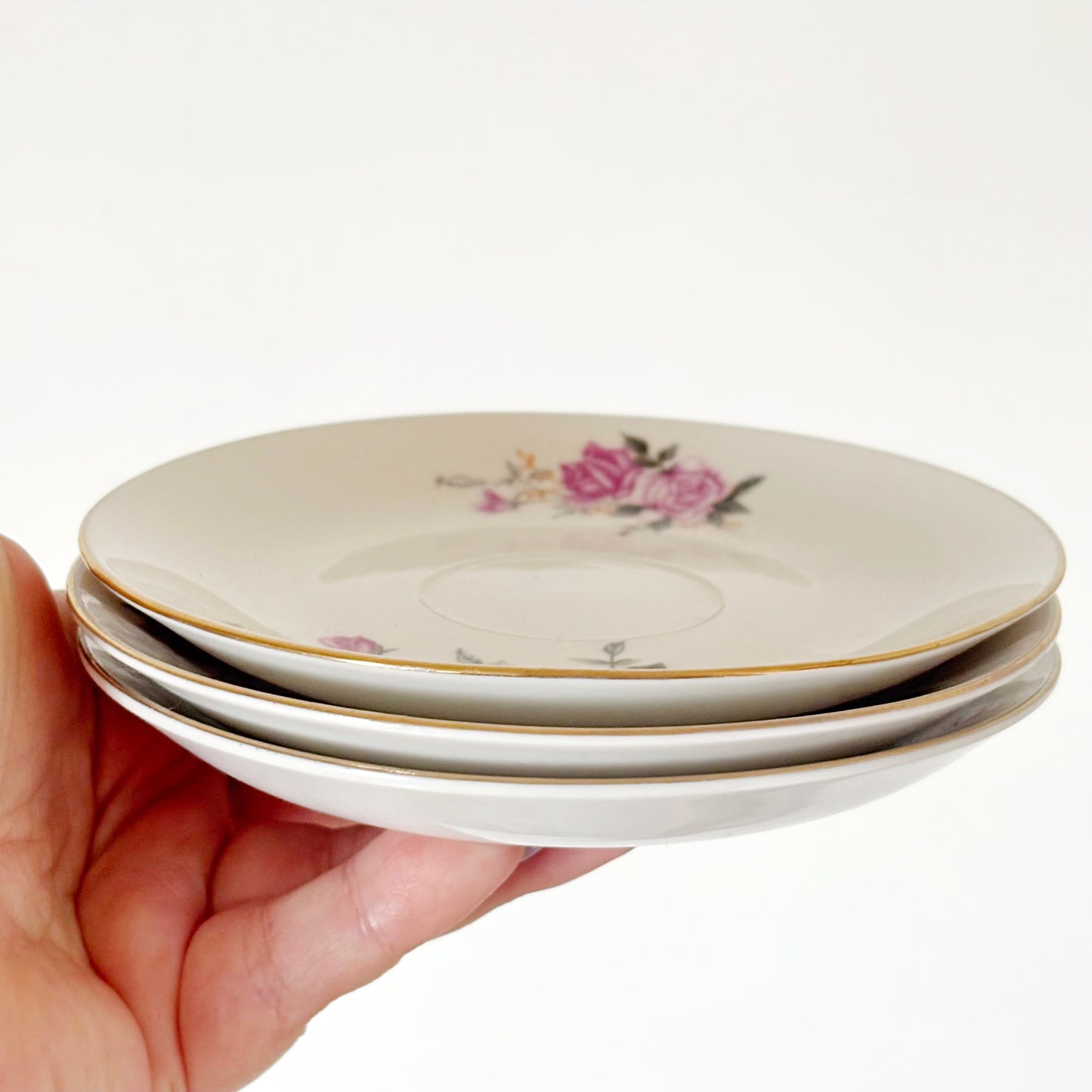 Set of 3 Vintage Tientsin China Saucers Pink Rose Porcelain Tea Saucers Gold Trim Tianjin China Floral Tableware