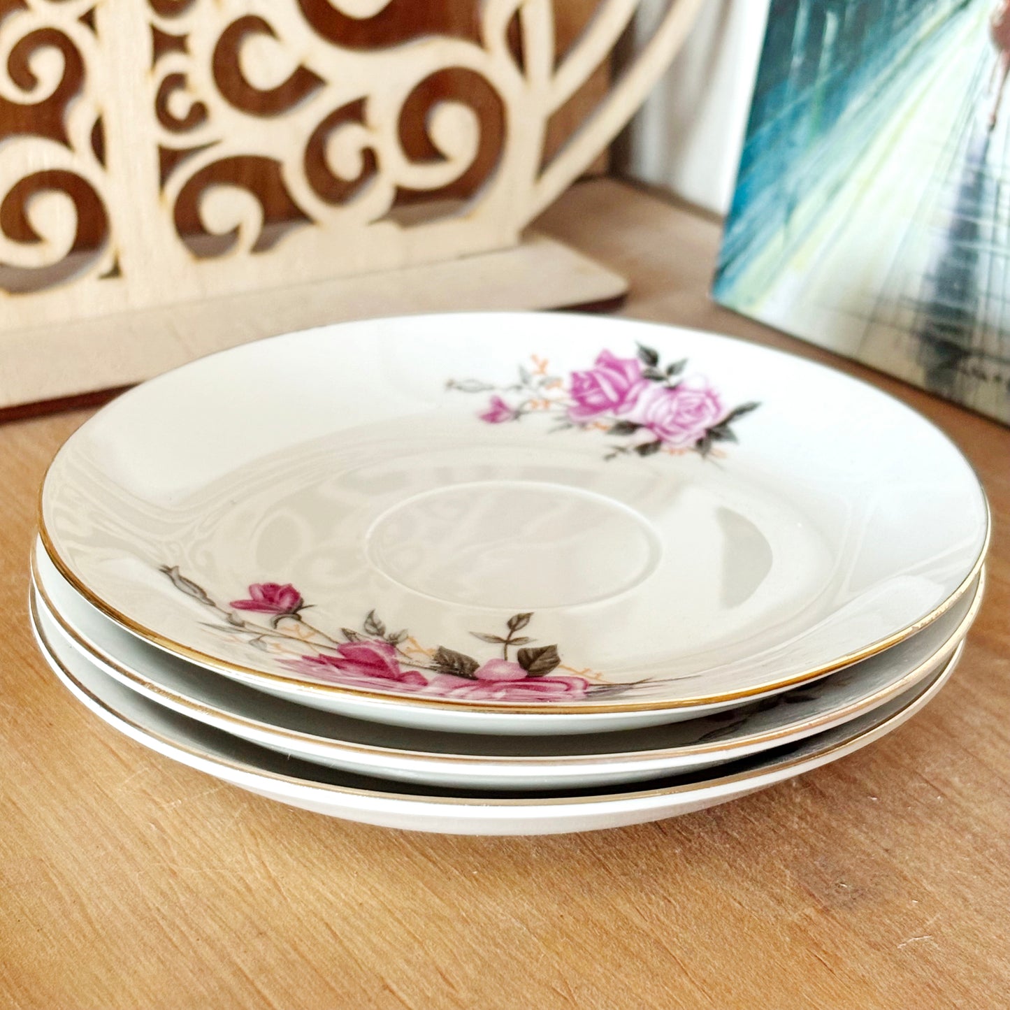 Set of 3 Vintage Tientsin China Saucers Pink Rose Porcelain Tea Saucers Gold Trim Tianjin China Floral Tableware