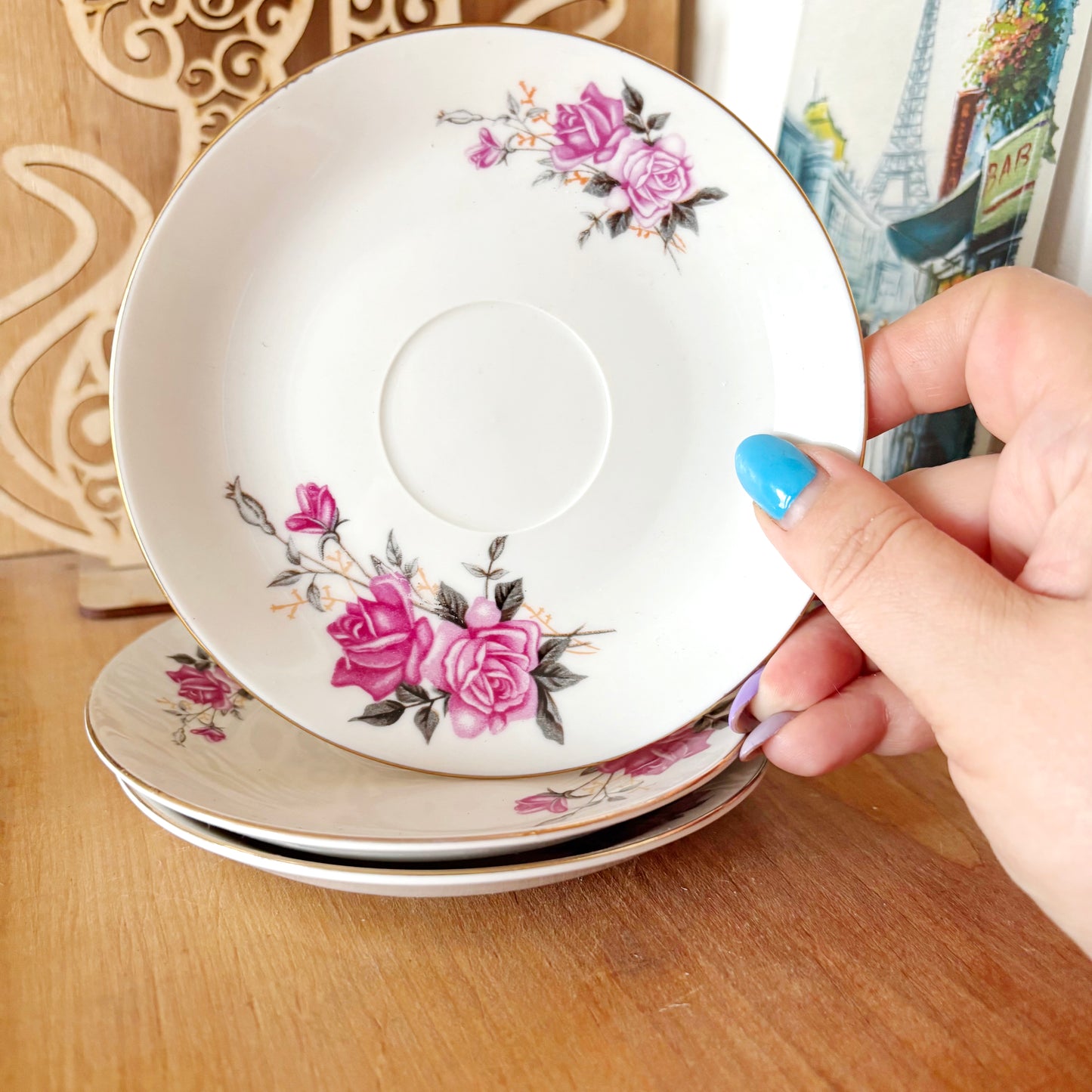 Set of 3 Vintage Tientsin China Saucers Pink Rose Porcelain Tea Saucers Gold Trim Tianjin China Floral Tableware