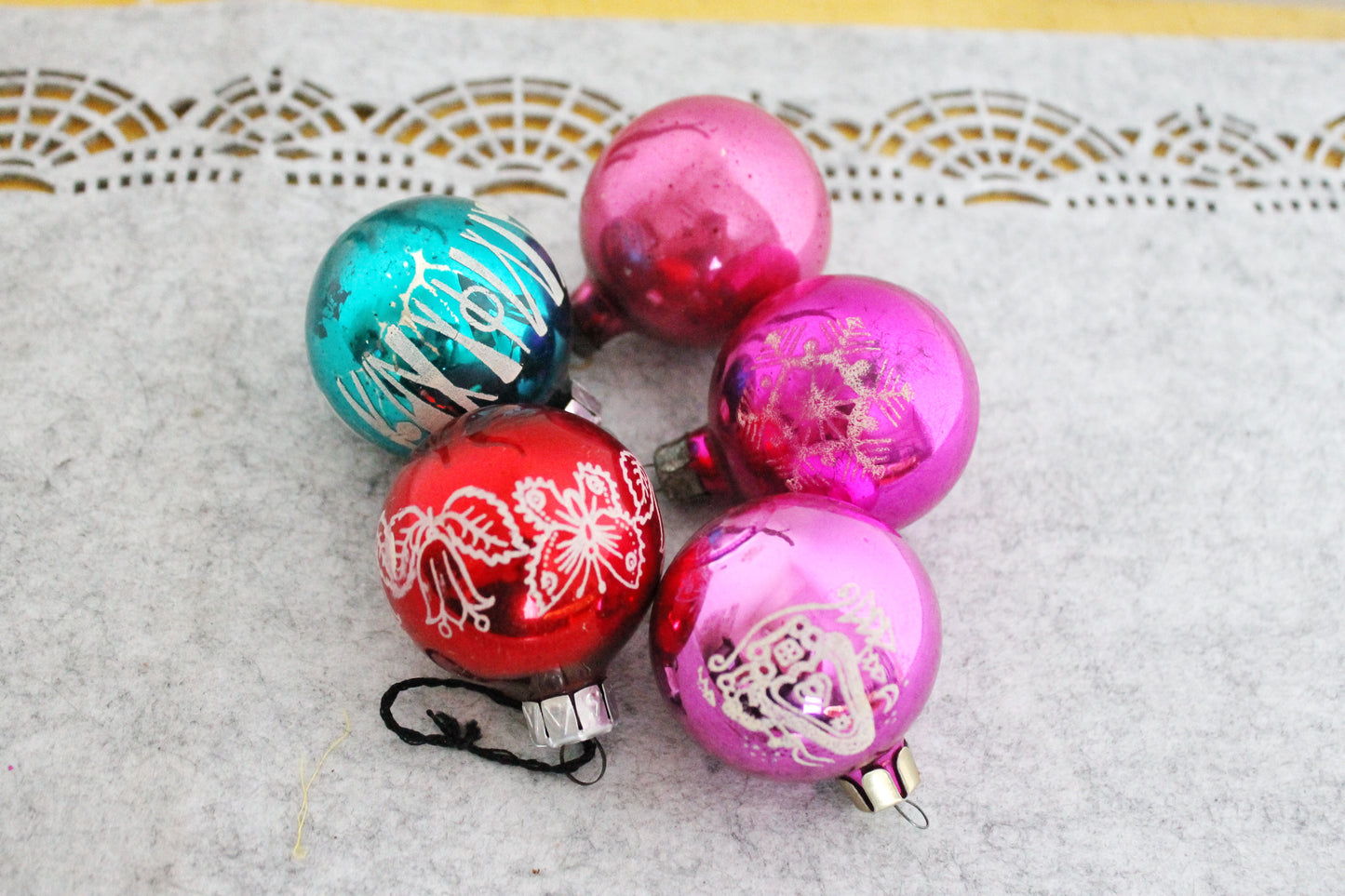 Christmas tree balls ornament 2 inches - Set of five - Soviet vintage - Christmas - New Year Glass Ornament, Made in USSR - 1970s