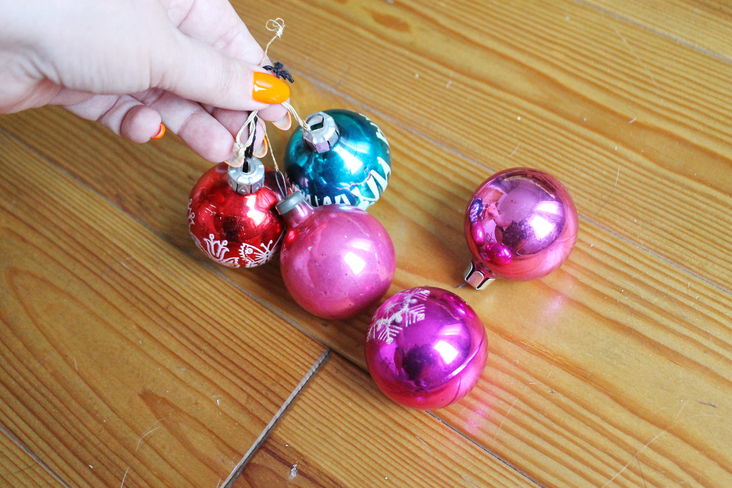 Christmas tree balls ornament 2 inches - Set of five - Soviet vintage - Christmas - New Year Glass Ornament, Made in USSR - 1970s