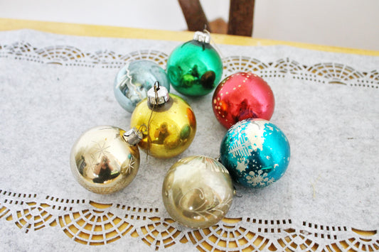 Christmas tree balls ornament 2.4 inches - Set of seven - Soviet vintage - Christmas - New Year Glass Ornament, Made in USSR - 1970s