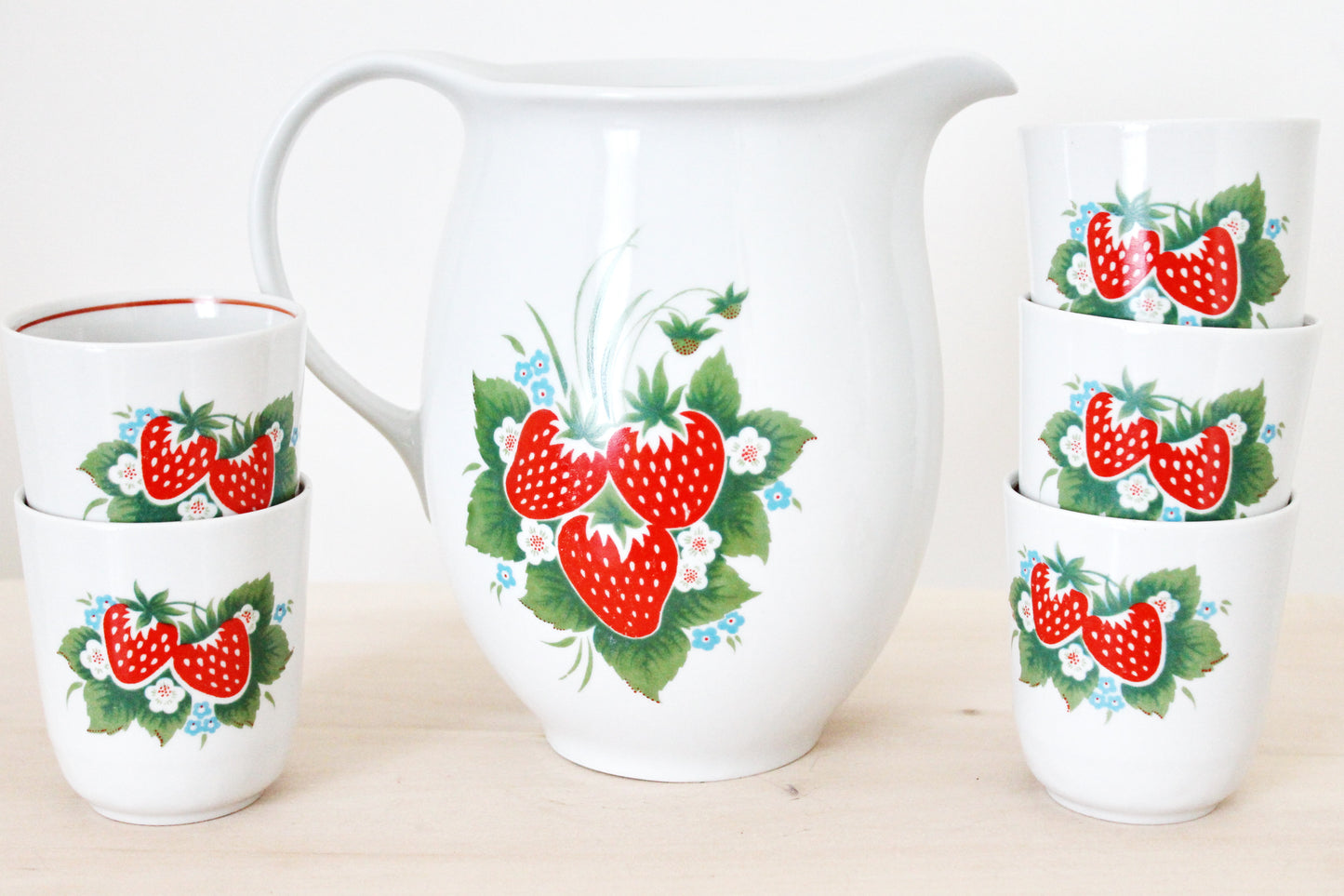 Big Pitcher and five glasses with strawberry ornament - Vintage Set - USSR porcelain - made in Ukraine in 1970s