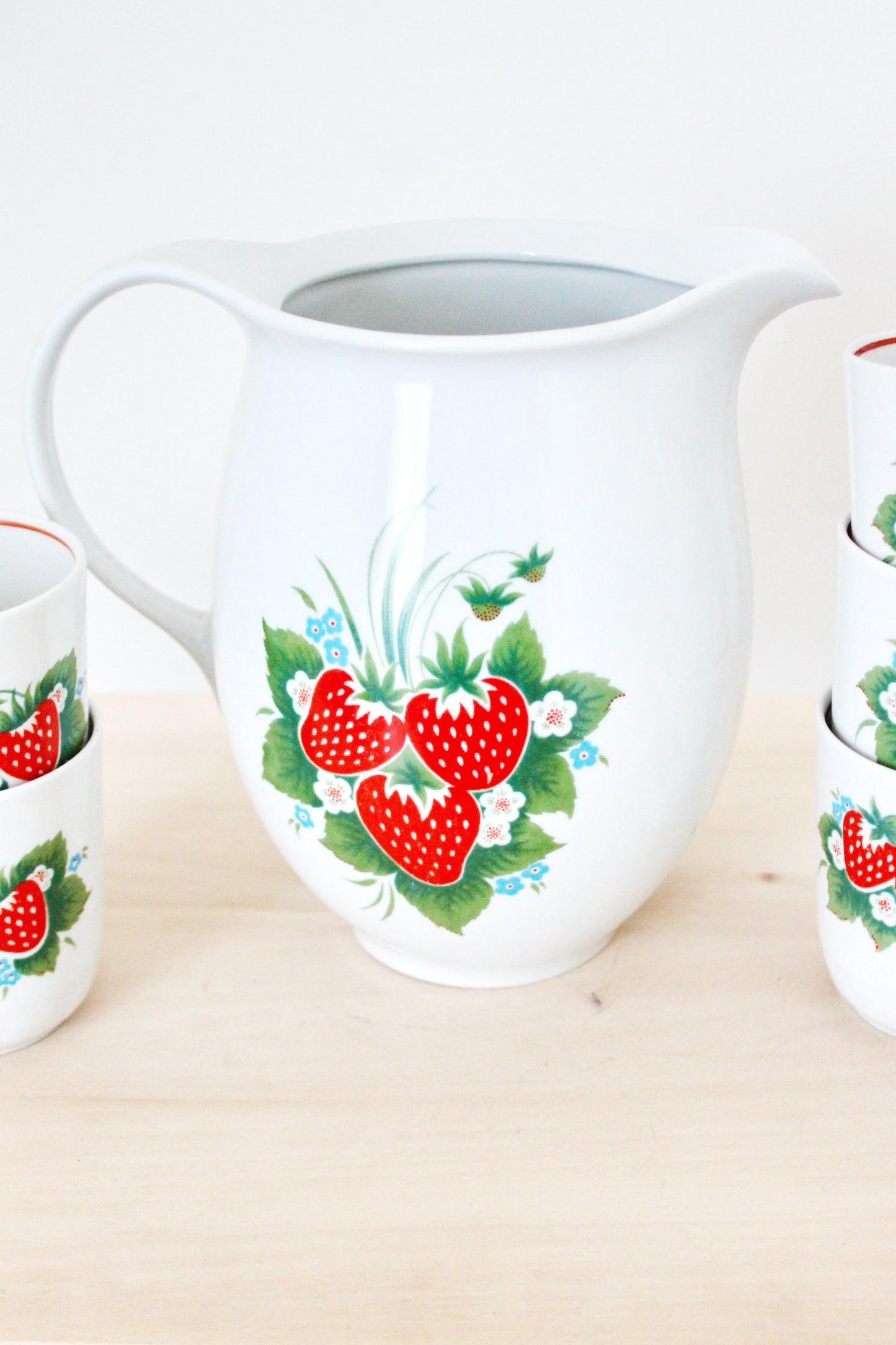 Big Pitcher and five glasses with strawberry ornament - Vintage Set - USSR porcelain - made in Ukraine in 1970s