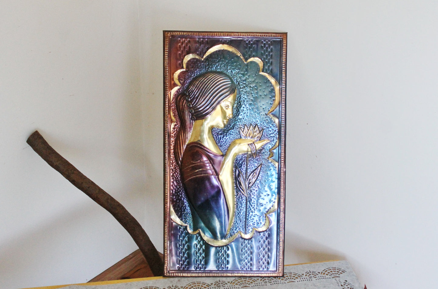 Wall stamping picture "A girl with flower" 23x11 inches - USSR chased wall plaque - brass wall art - rustic home decor metall picture