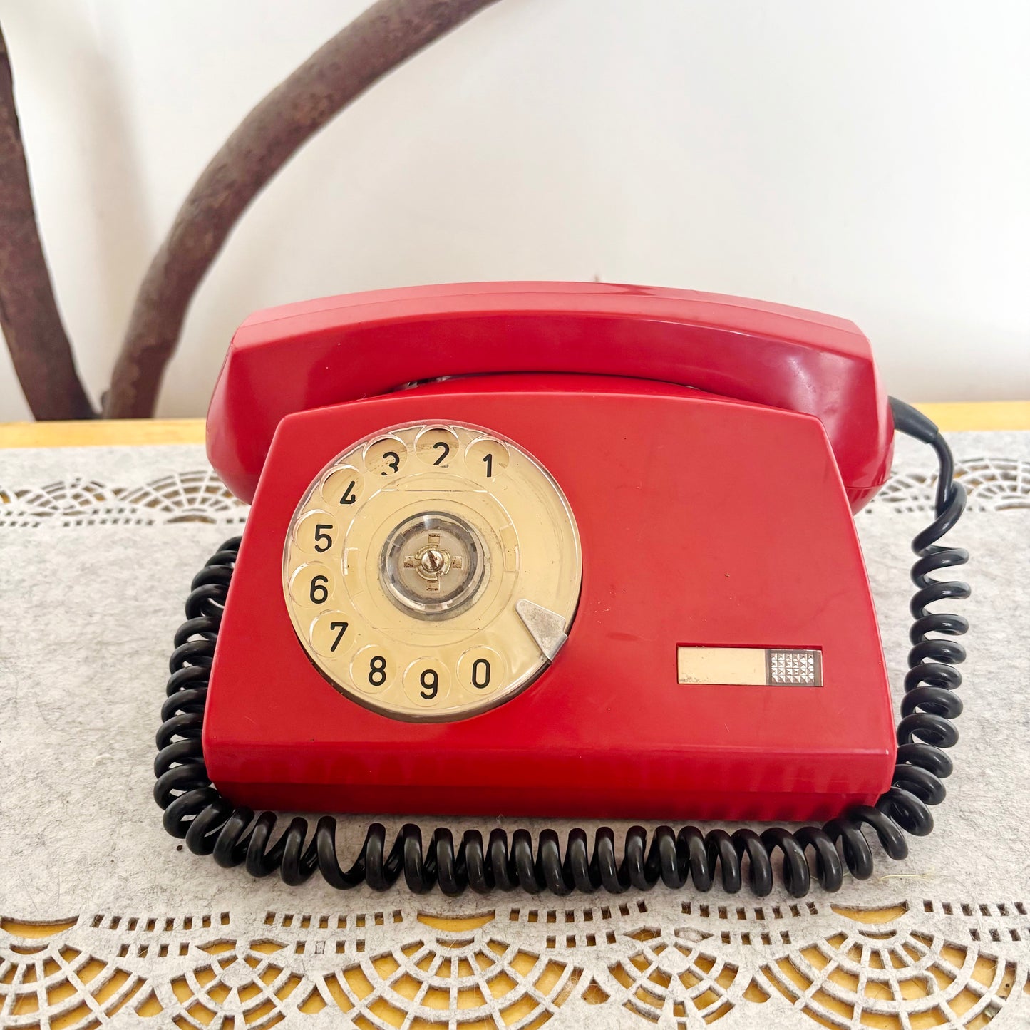 Vintage Red Rotary Phone Aster O Made in Poland, 1980s Dial Telephone, Retro Home Office Decor, Mid Century Desk Phone