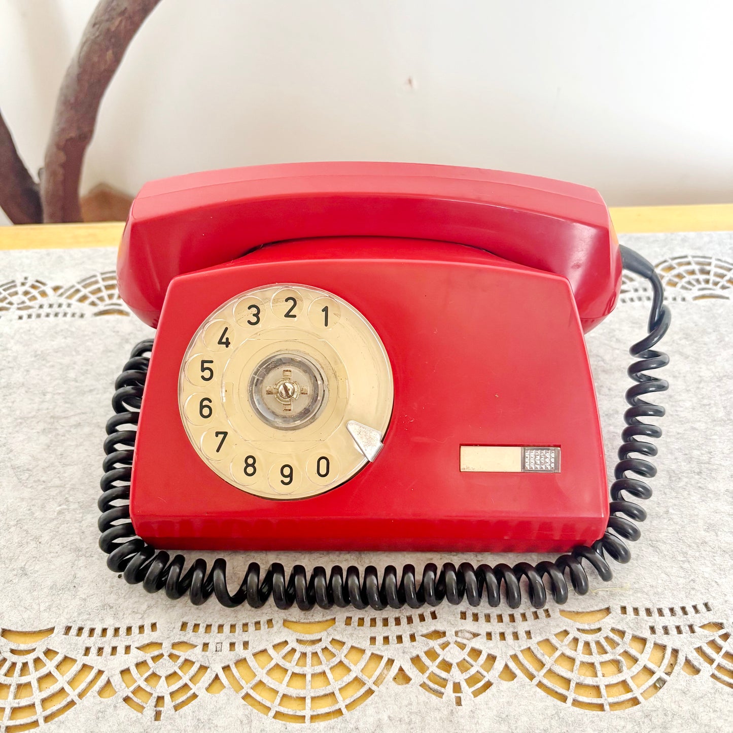 Vintage Red Rotary Phone Aster O Made in Poland, 1980s Dial Telephone, Retro Home Office Decor, Mid Century Desk Phone