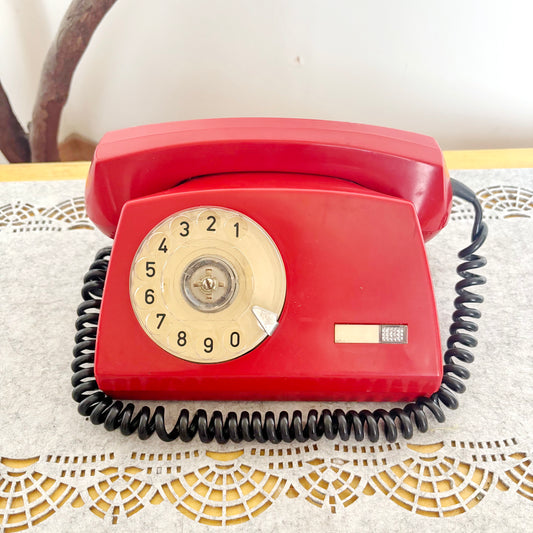Vintage Red Rotary Phone Aster O Made in Poland, 1980s Dial Telephone, Retro Home Office Decor, Mid Century Desk Phone