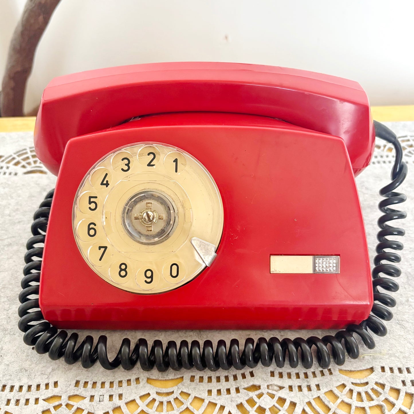 Vintage Red Rotary Phone Aster O Made in Poland, 1980s Dial Telephone, Retro Home Office Decor, Mid Century Desk Phone