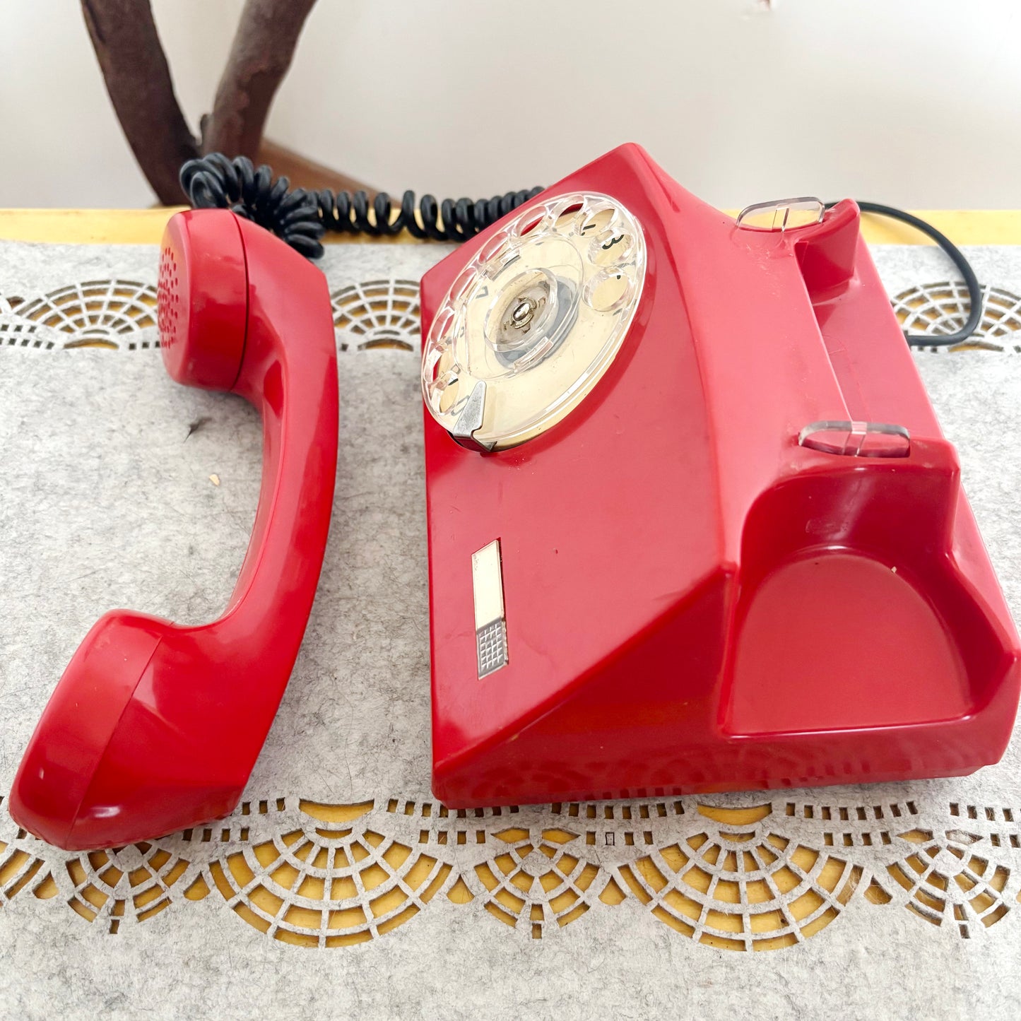 Vintage Red Rotary Phone Aster O Made in Poland, 1980s Dial Telephone, Retro Home Office Decor, Mid Century Desk Phone