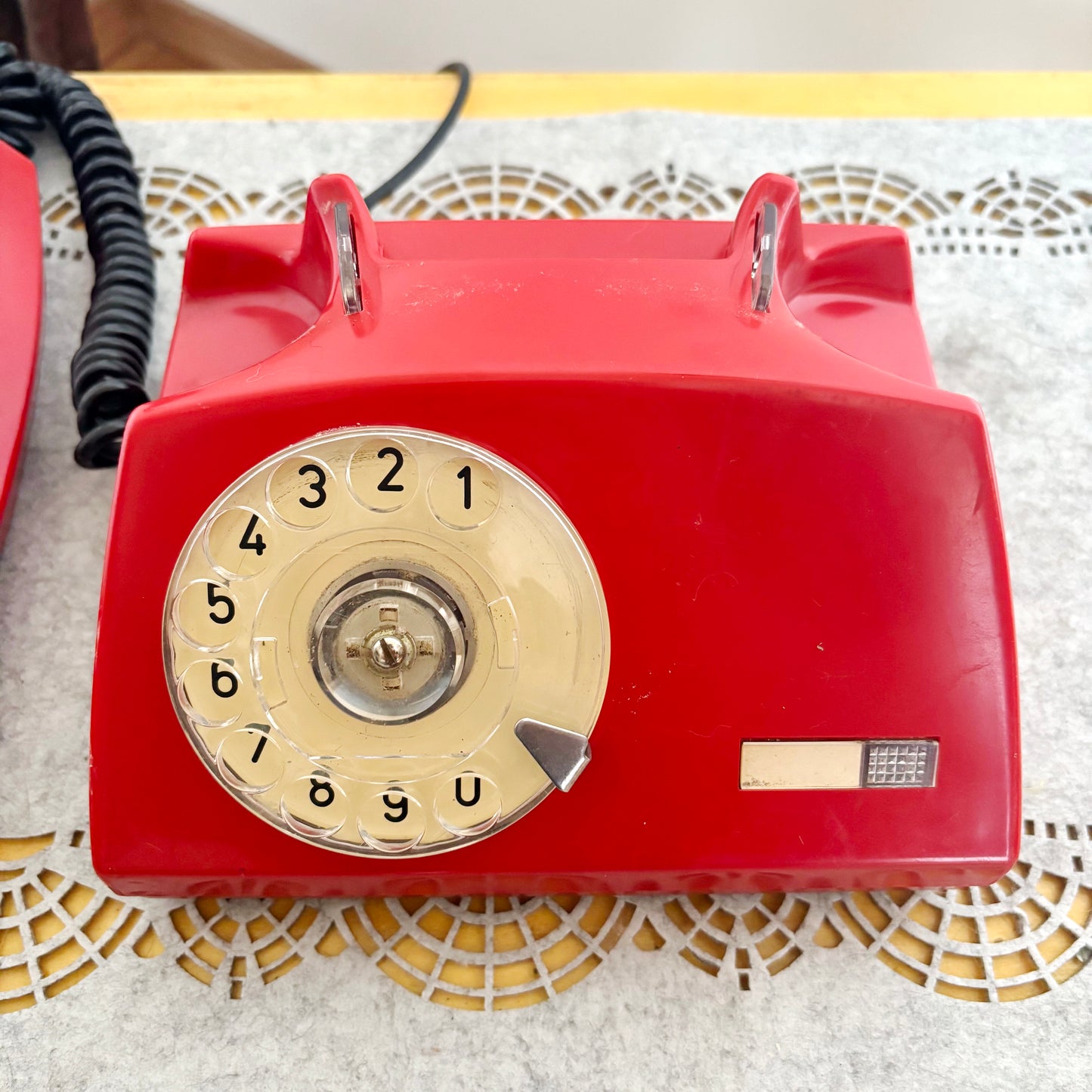 Vintage Red Rotary Phone Aster O Made in Poland, 1980s Dial Telephone, Retro Home Office Decor, Mid Century Desk Phone
