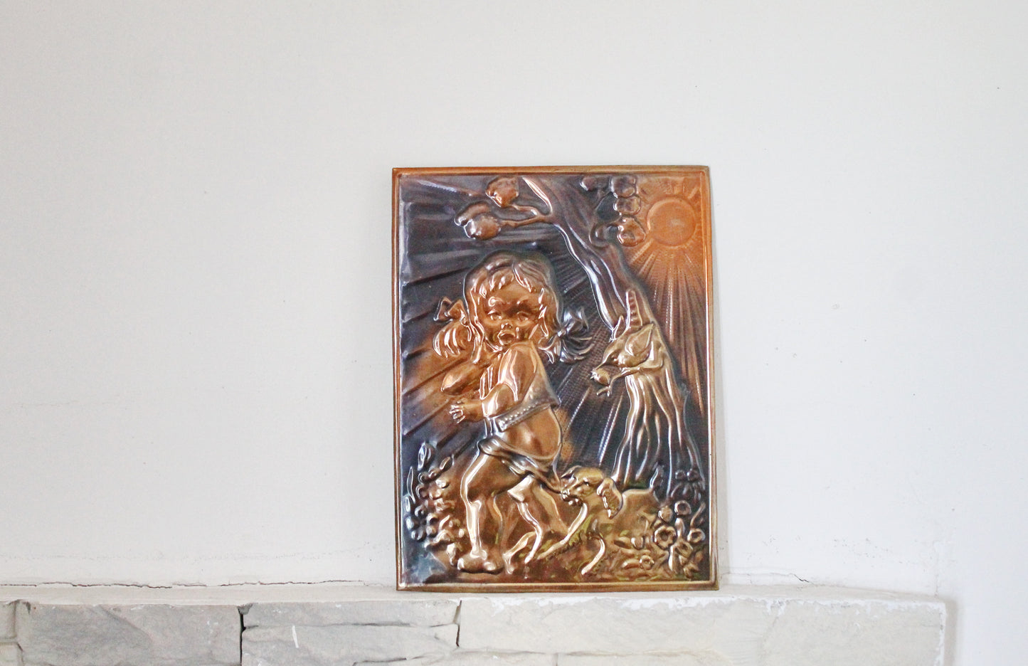 Wall stamping picture "A girl with a dog" - USSR chased wall plaque - brass wall art - rustic home decor metall picture