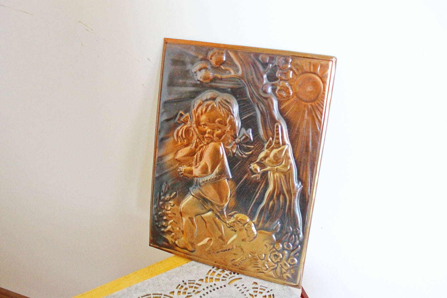 Wall stamping picture "A girl with a dog" - USSR chased wall plaque - brass wall art - rustic home decor metall picture