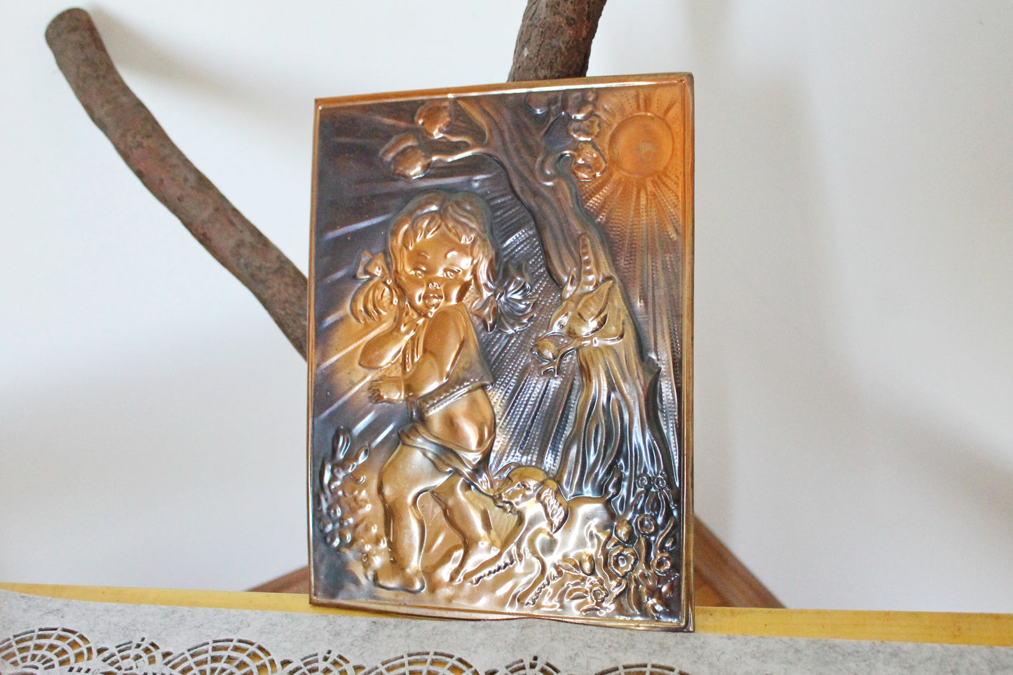 Wall stamping picture "A girl with a dog" - USSR chased wall plaque - brass wall art - rustic home decor metall picture