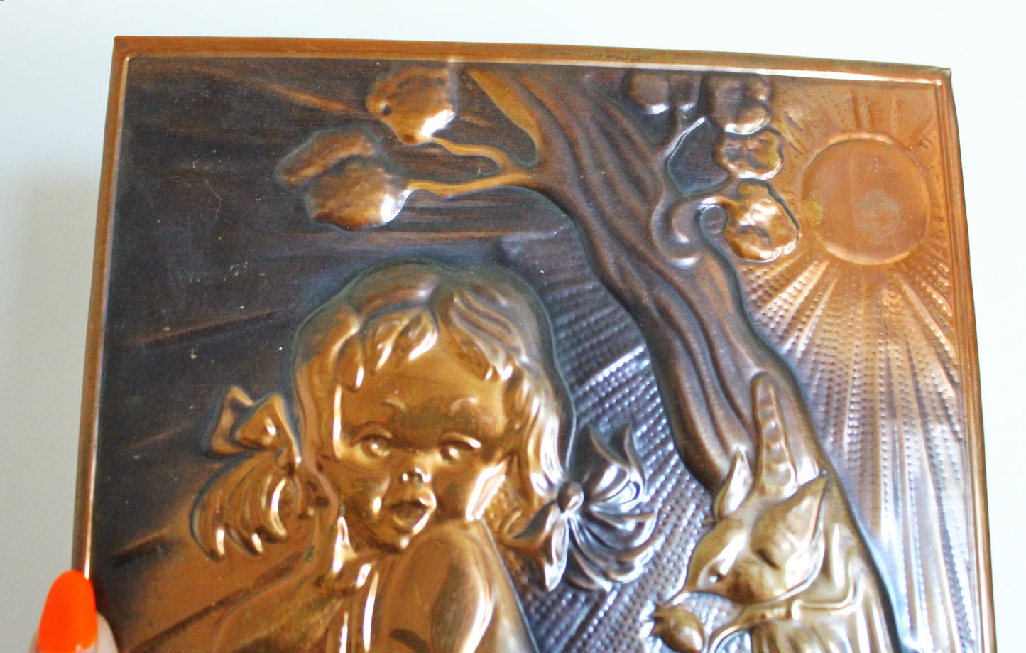 Wall stamping picture "A girl with a dog" - USSR chased wall plaque - brass wall art - rustic home decor metall picture