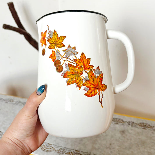 Vintage Enamel Pitcher Autumn Leaves Water Jug Soviet Kitchen Decor White Metal Milk Pitcher Farmhouse Cottagecore