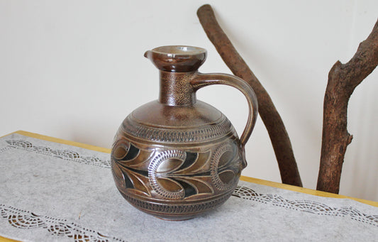 Ceramic Pottery Clay Pot with interesting ornament - Vintage Germany pot - handmade pottery jug - 1990s - Pot-bellied jug