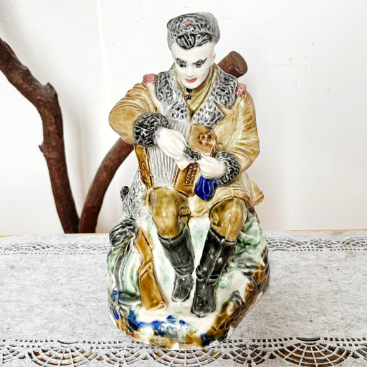 Vintage Vasily Tyorkin Figurine Soviet Faience Statue Accordion Player Majolica Folk Art Ceramic Military Musician