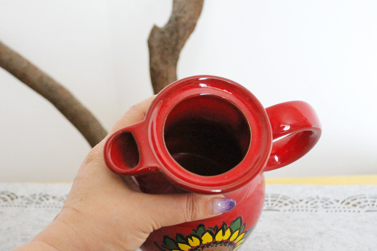 Beautiful vintage red Pitcher/Jug with a sunflower - 9 inches - vintage Germany ceramic - by Winterling Feinkeramik 1970s