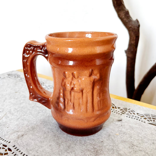 Vintage Large Ceramic Beer Stein Mug Relief Tavern Scene Brown Glazed Pottery Tankard Rustic Barware Collectible Gift