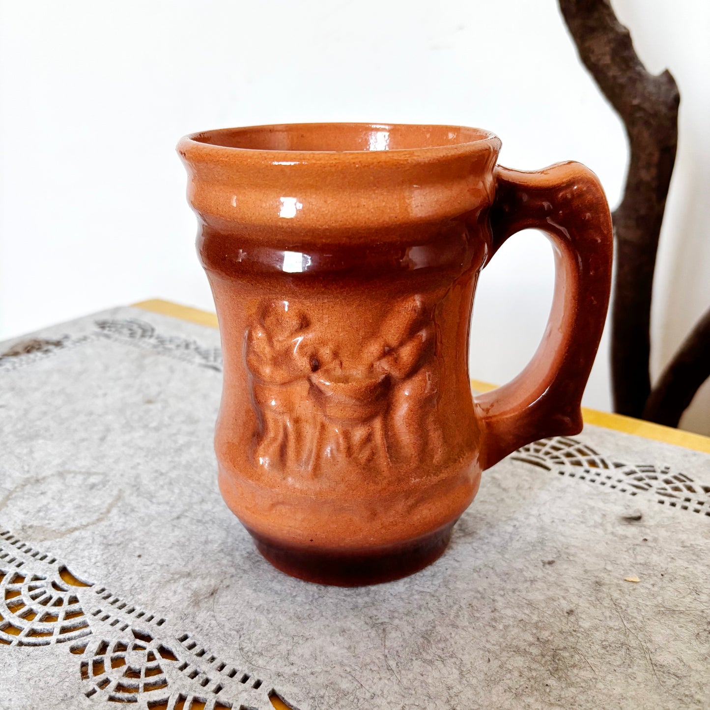 Vintage Large Ceramic Beer Stein Mug Relief Tavern Scene Brown Glazed Pottery Tankard Rustic Barware Collectible Gift