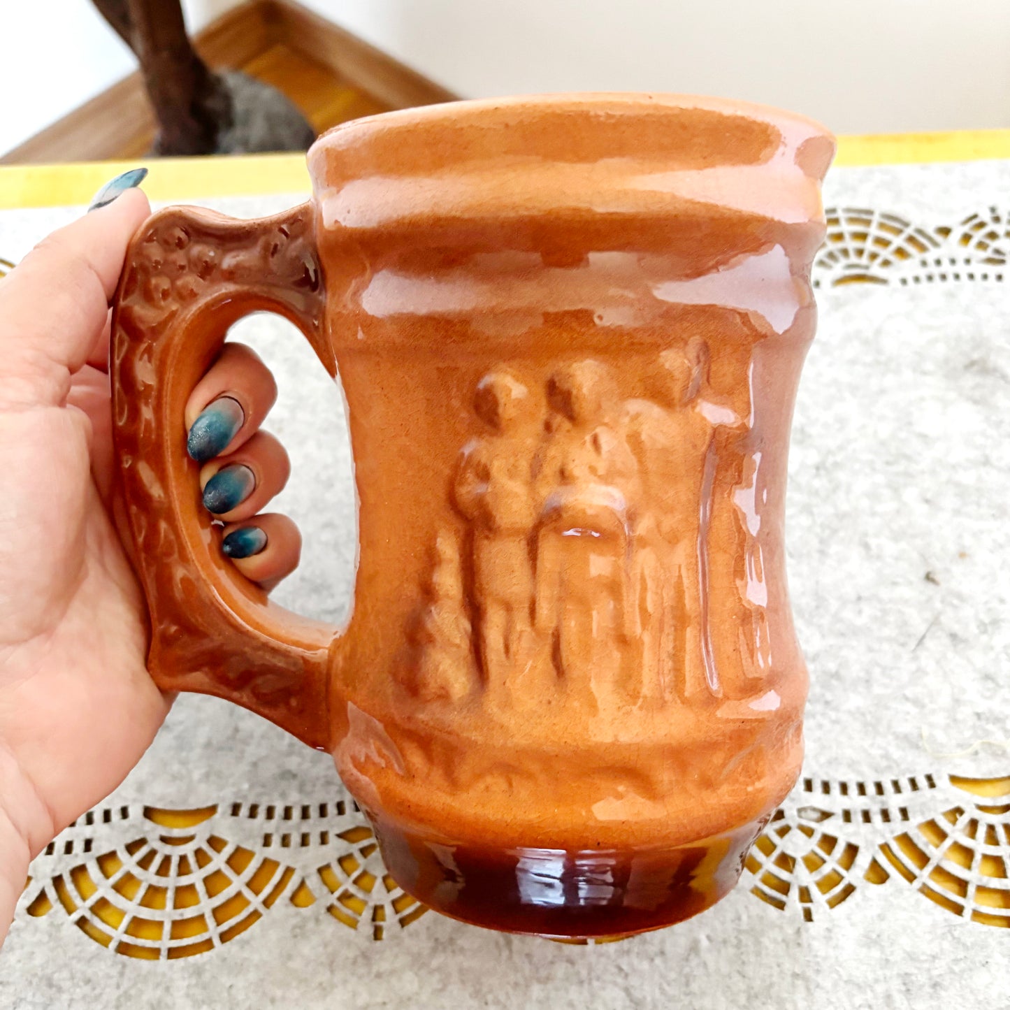 Vintage Large Ceramic Beer Stein Mug Relief Tavern Scene Brown Glazed Pottery Tankard Rustic Barware Collectible Gift