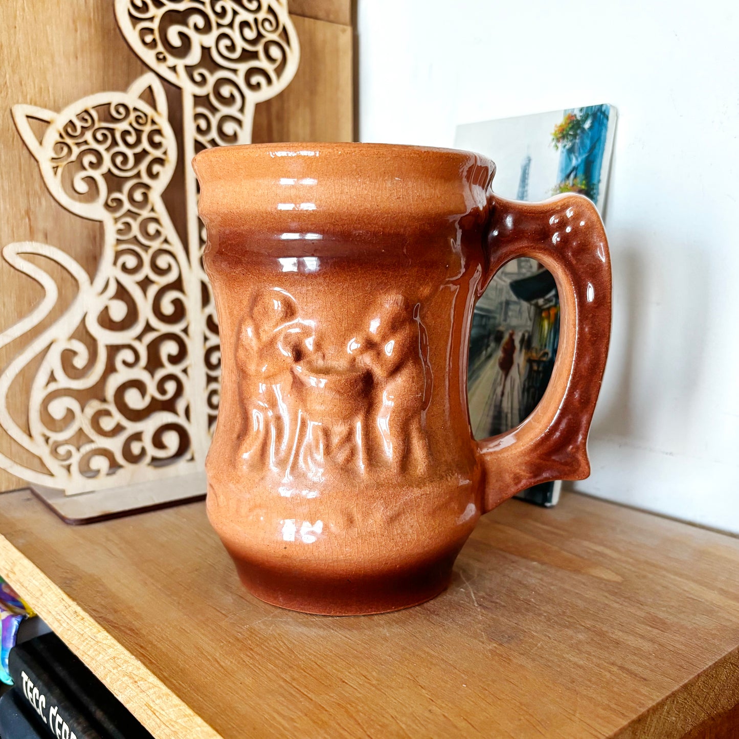 Vintage Large Ceramic Beer Stein Mug Relief Tavern Scene Brown Glazed Pottery Tankard Rustic Barware Collectible Gift