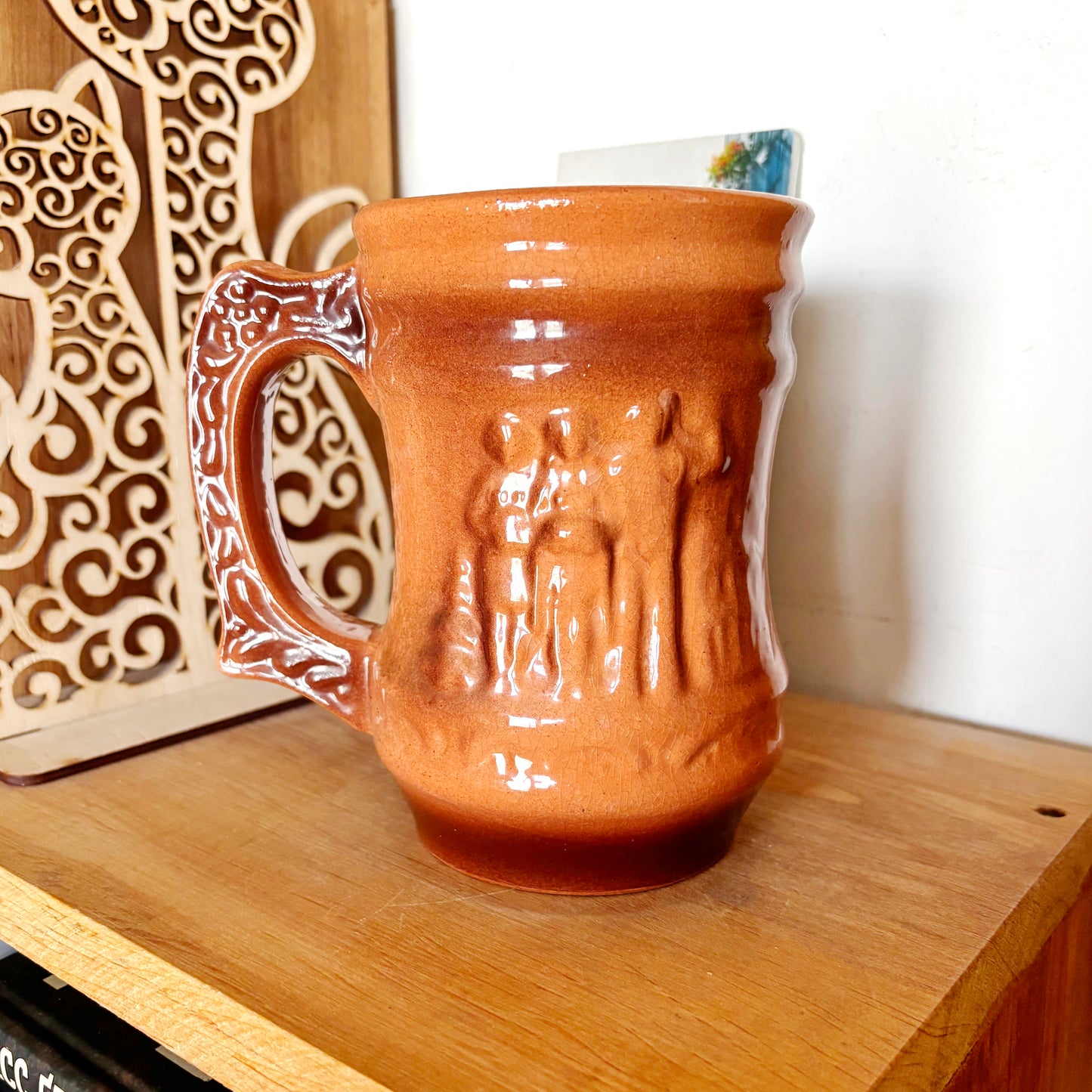 Vintage Large Ceramic Beer Stein Mug Relief Tavern Scene Brown Glazed Pottery Tankard Rustic Barware Collectible Gift