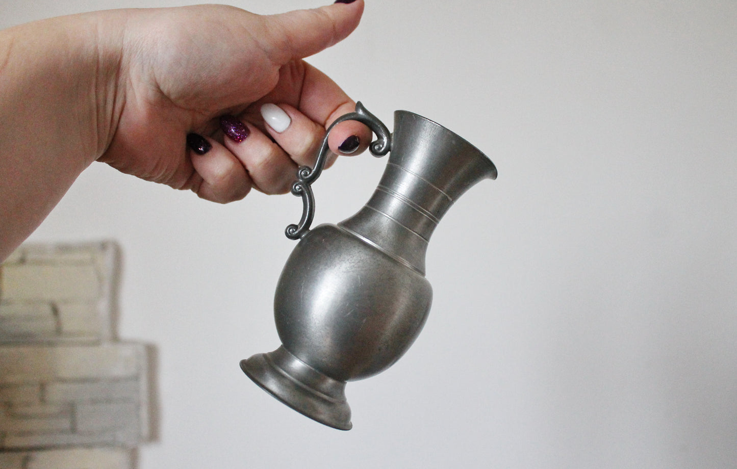 Pewter small pitcher, Fein Zinn - Vintage brass small pitcher/vase - 5.1 inches- Germany vintage - 1960s