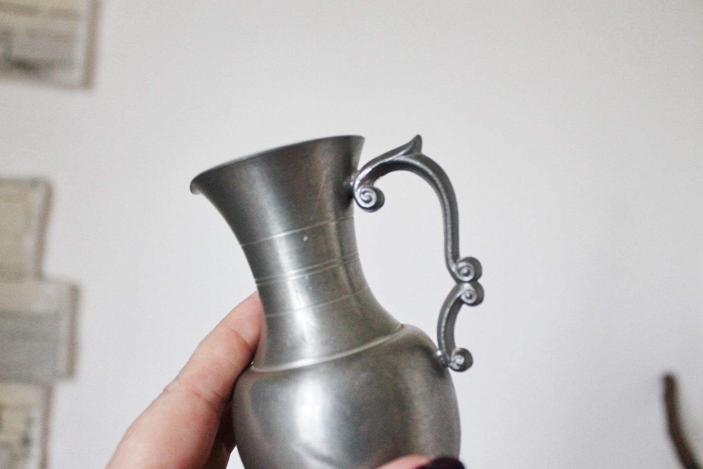 Pewter small pitcher, Fein Zinn - Vintage brass small pitcher/vase - 5.1 inches- Germany vintage - 1960s